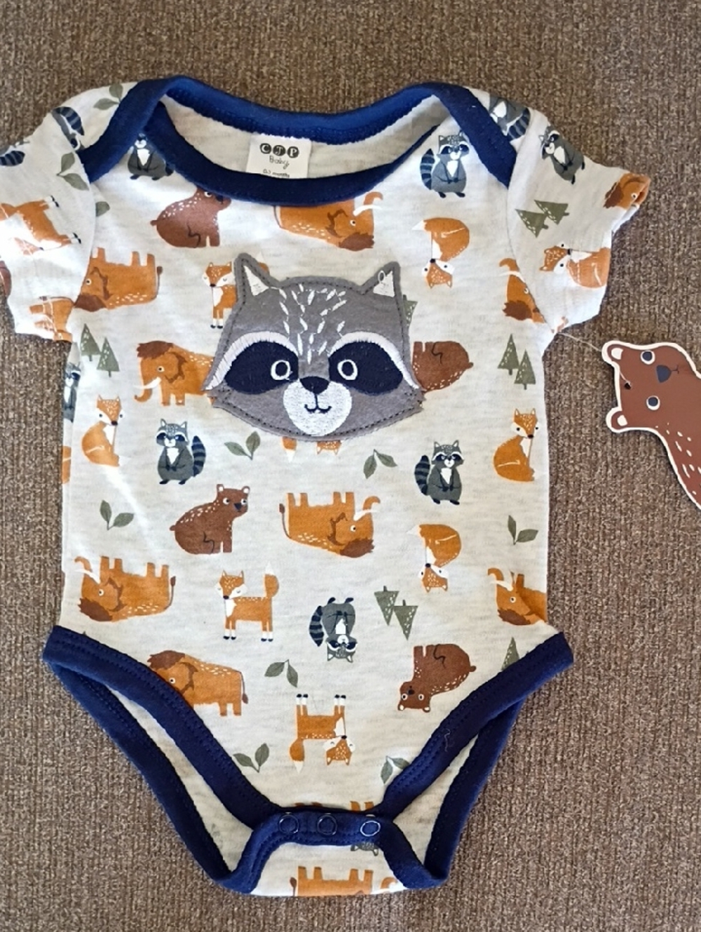Baby One-Piece Bodysuit with Woodland Raccoon Applique - Navy Trim
